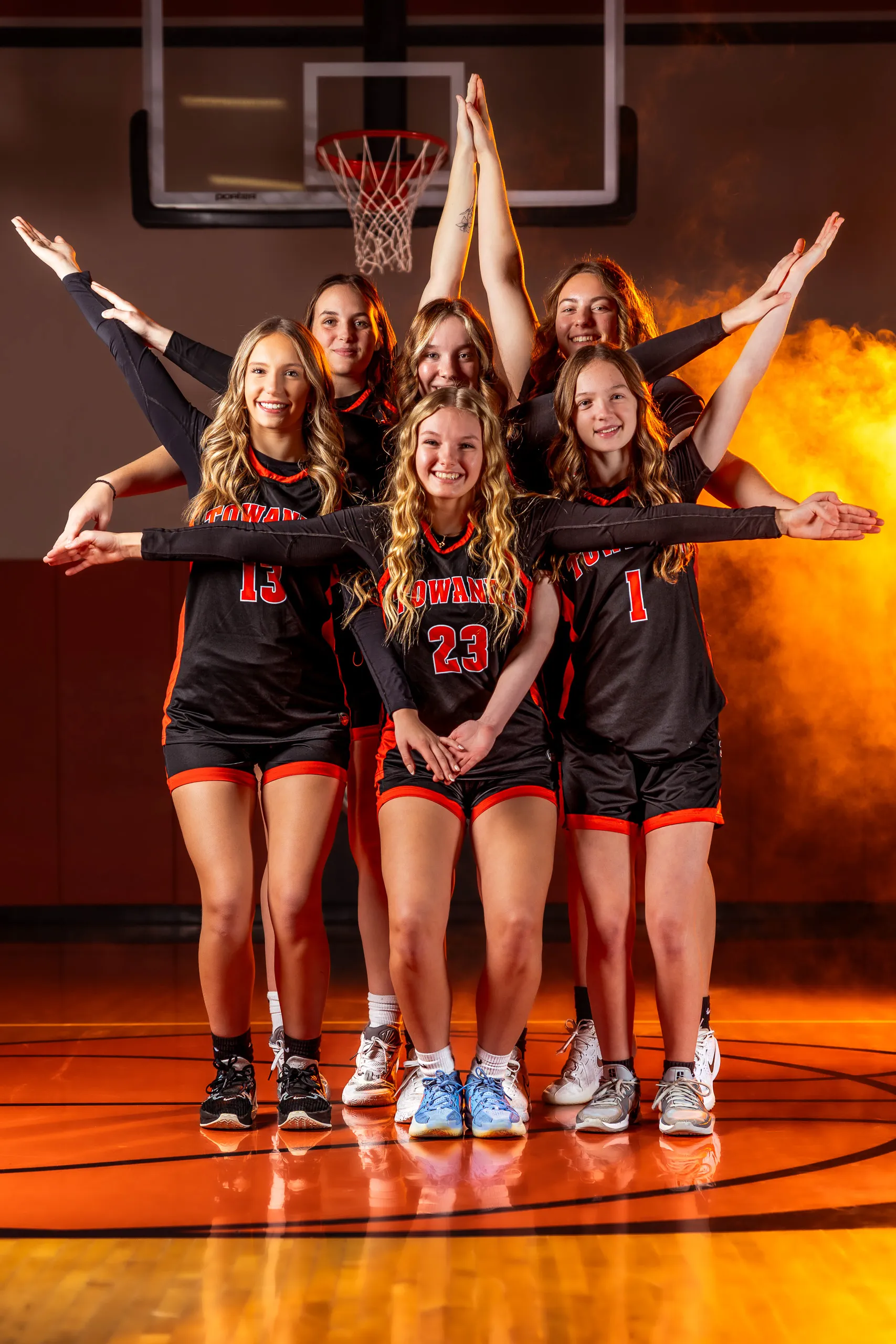 Portrait from the Towanda girls basketball media day, lit with orange gels, Towanda PA