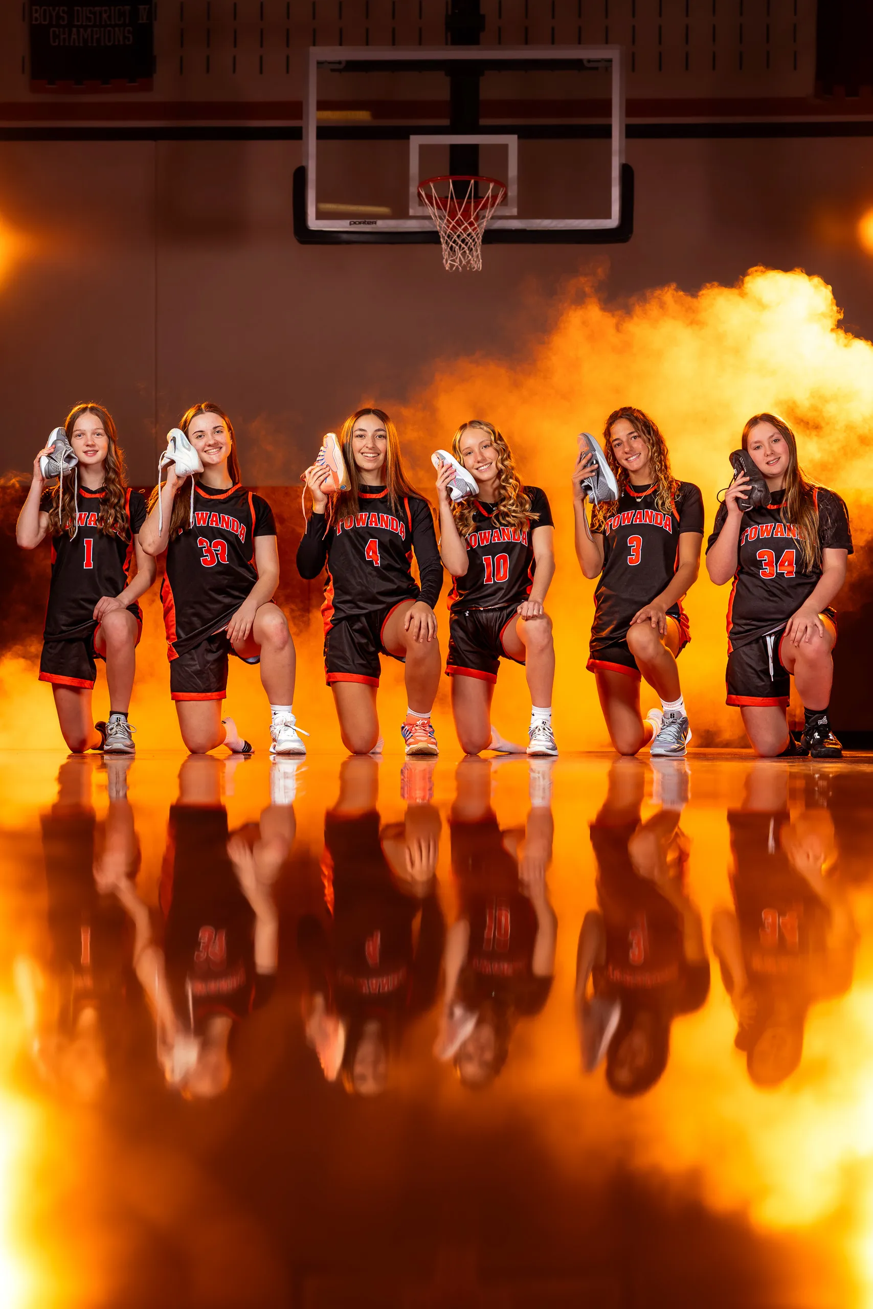 Portrait from the Towanda girls basketball media day, lit with orange gels, Towanda PA