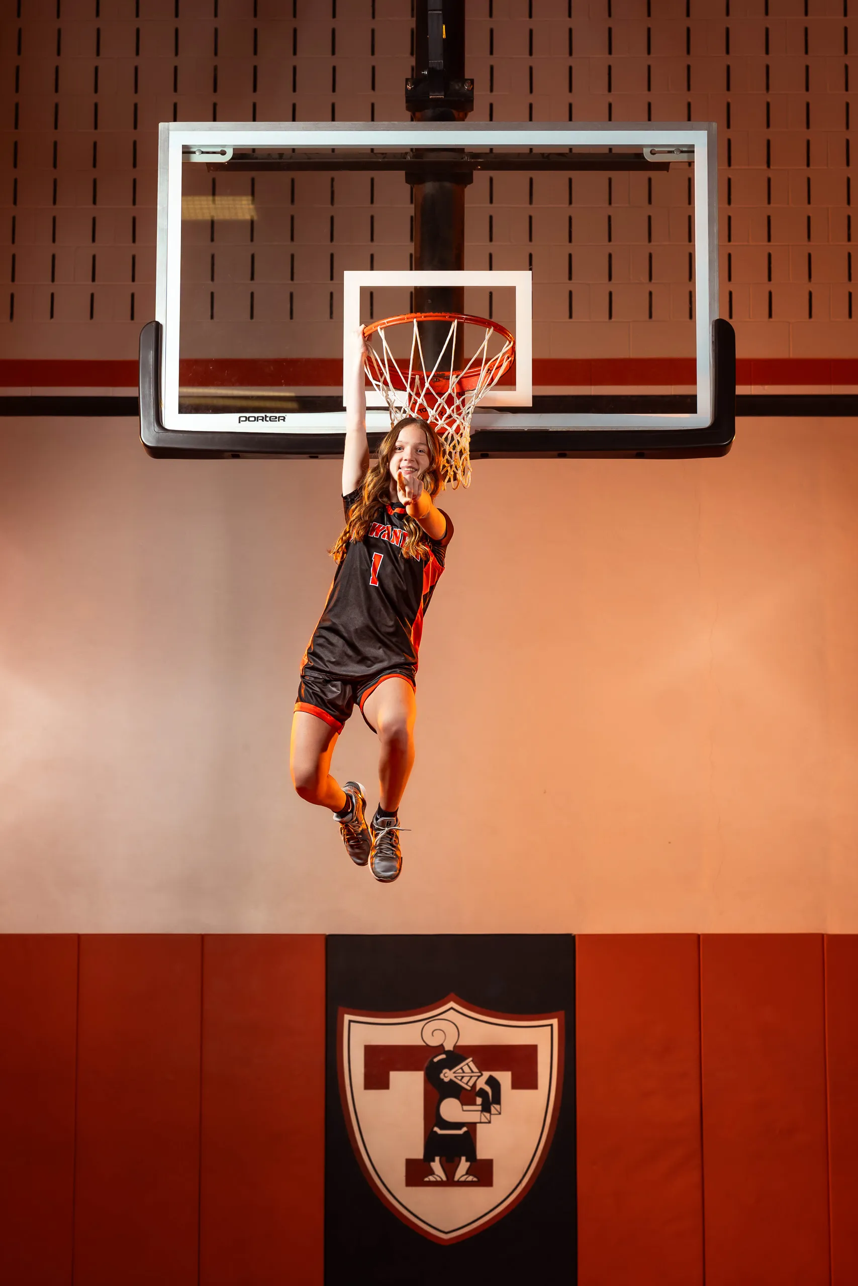 Portrait from the Towanda girls basketball media day, lit with orange gels, Towanda PA
